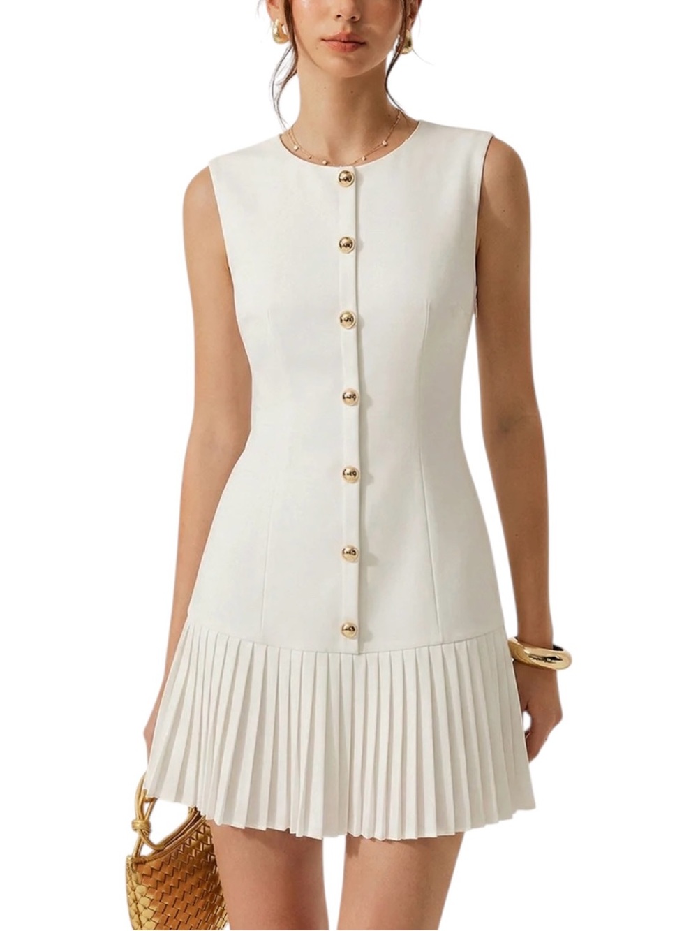 Commense White Sleeveless Mini Dress with Gold Buttons